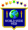 8bit Coat of Arms with earth logo and two torches. Titled WORLD WIDE WEB, 7 full spectrum colored stars arch atop the shield crest